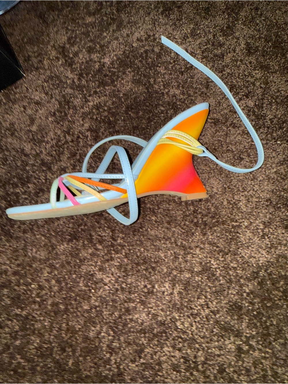 Fashion Nova Light Blue Strappy Wedge Sandal with Orange-Pink Gradient Heel